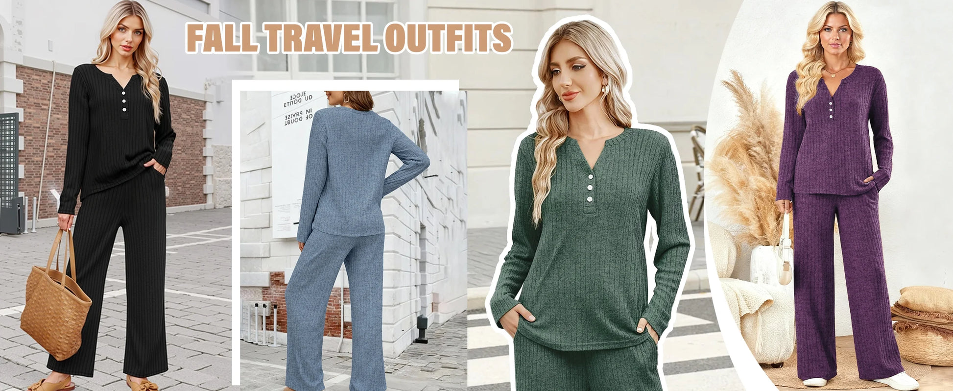 Two Piece Lounge Sets for Women Fall Travel Outfits Henley Neck Sweater Tops Wide Leg Pants Matching Sets Pajamas Clothes