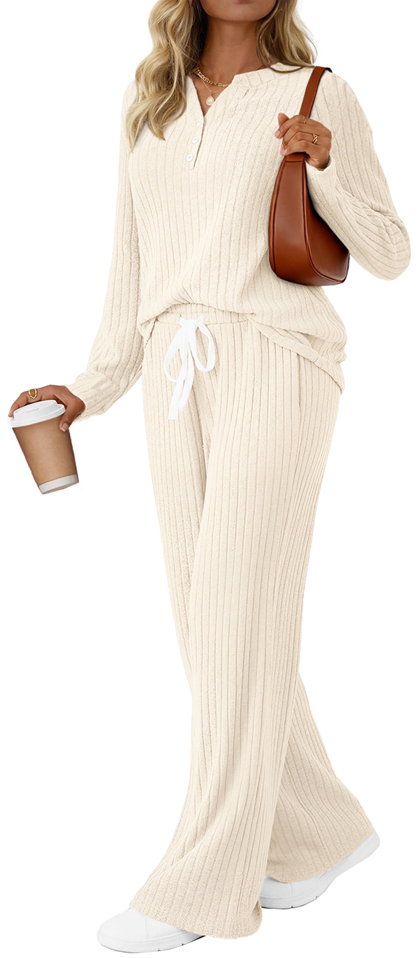 Two Piece Lounge Sets for Women Fall Travel Outfits Henley Neck Sweater Tops Wide Leg Pants Matching Sets Pajamas Clothes