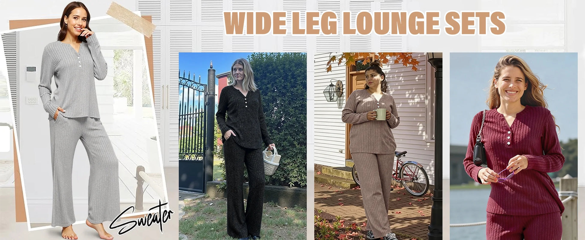 Two Piece Lounge Sets for Women Fall Travel Outfits Henley Neck Sweater Tops Wide Leg Pants Matching Sets Pajamas Clothes