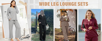 Two Piece Lounge Sets for Women Fall Travel Outfits Henley Neck Sweater Tops Wide Leg Pants Matching Sets Pajamas Clothes