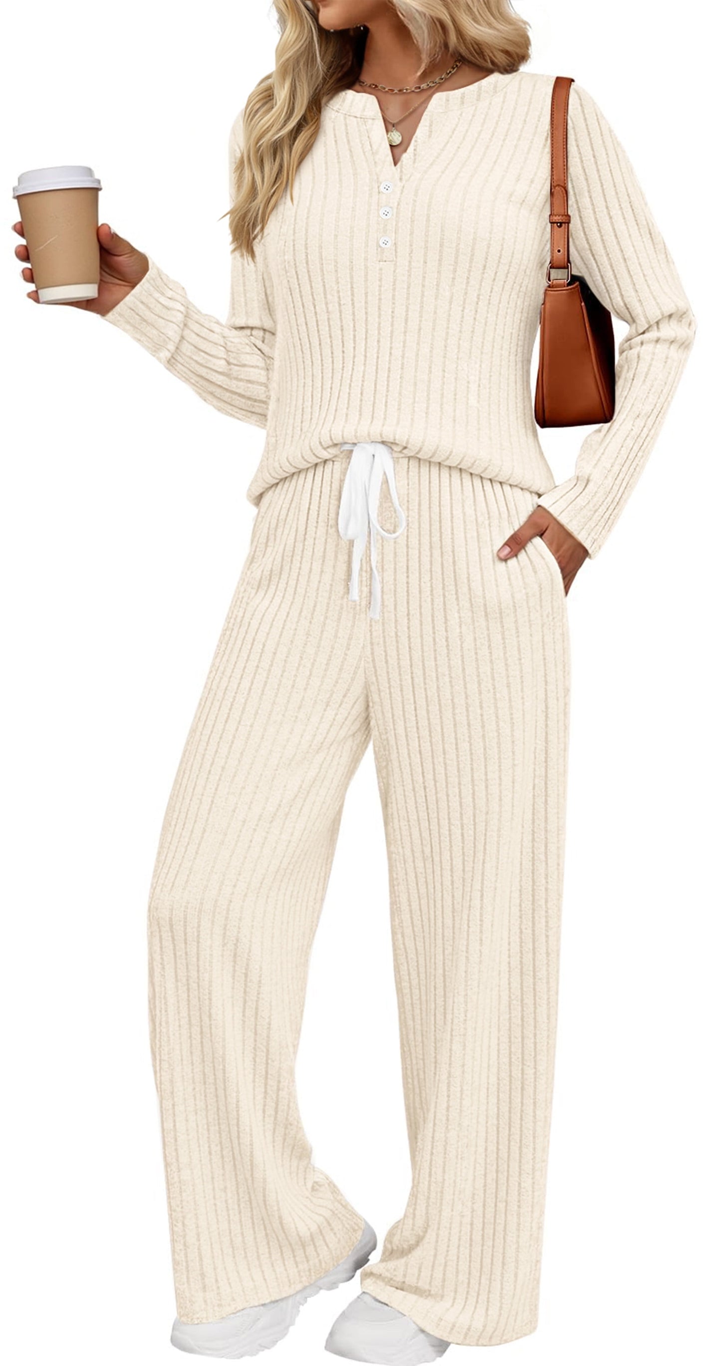 Two Piece Lounge Sets for Women Fall Travel Outfits Henley Neck Sweater Tops Wide Leg Pants Matching Sets Pajamas Clothes