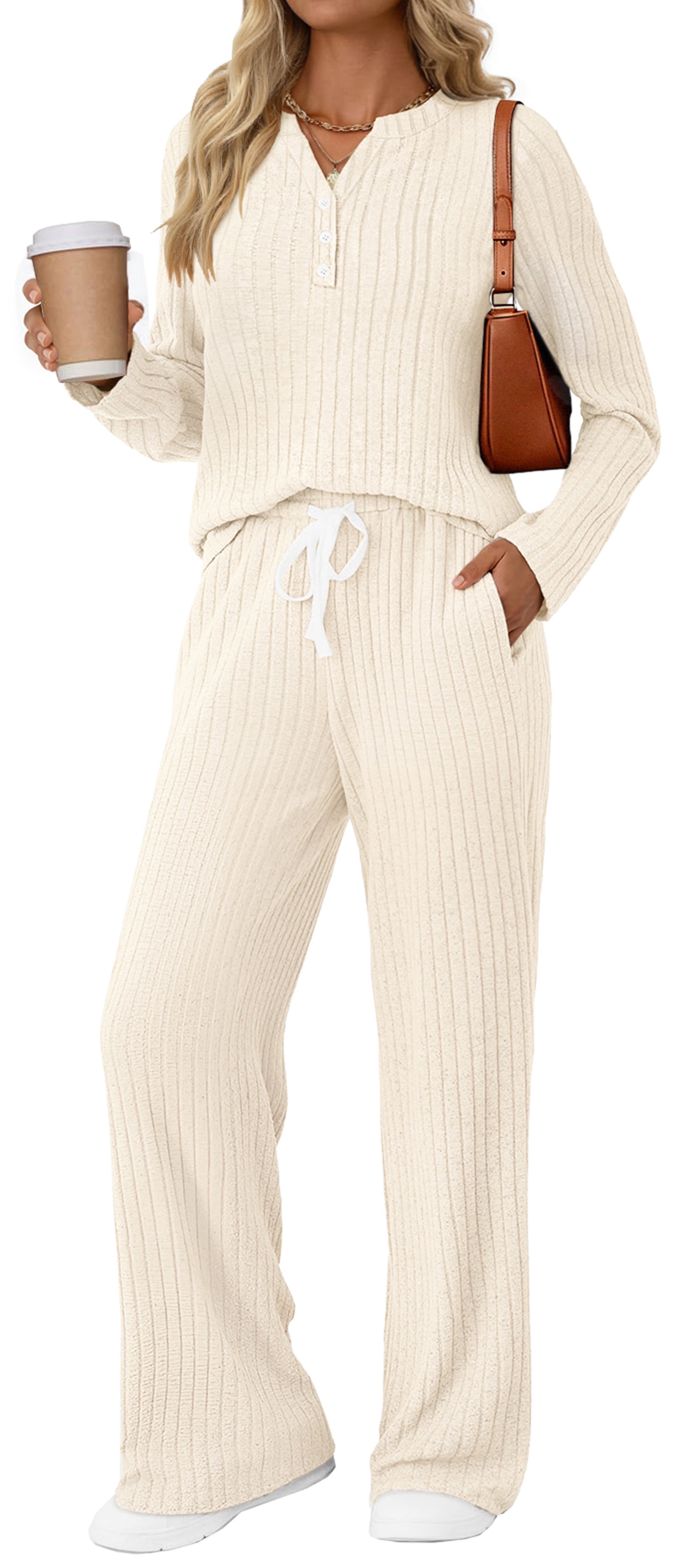 Two Piece Lounge Sets for Women Fall Travel Outfits Henley Neck Sweater Tops Wide Leg Pants Matching Sets Pajamas Clothes